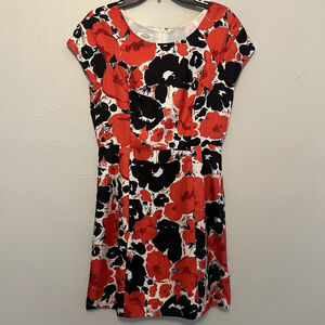 Talbots Pure Silk Red Black Floral Short Sleeve Lined Dress Size 10